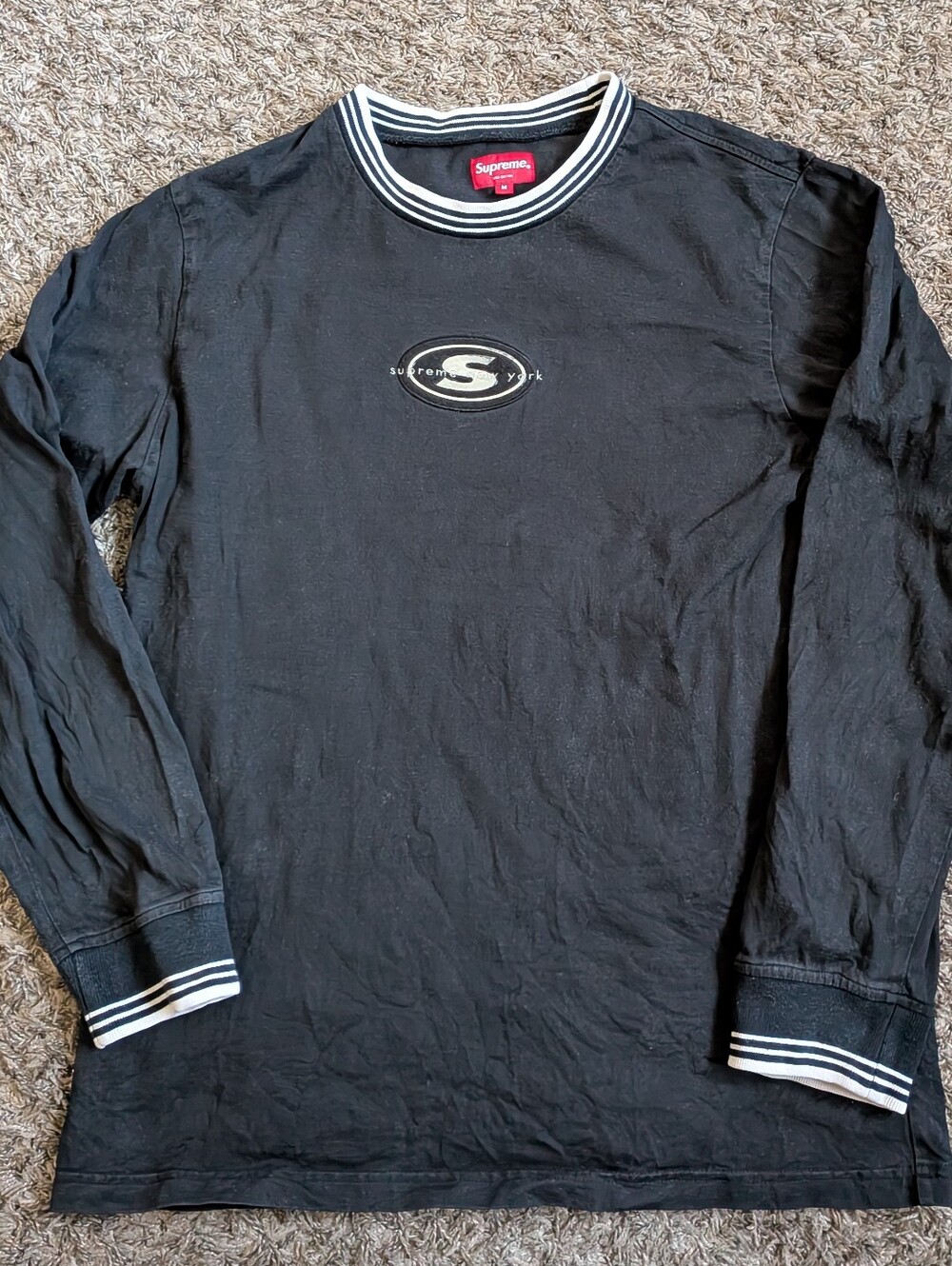 Supreme New York Striped Rib Logo Black Cotton Long Sleeve Shirt Men's M